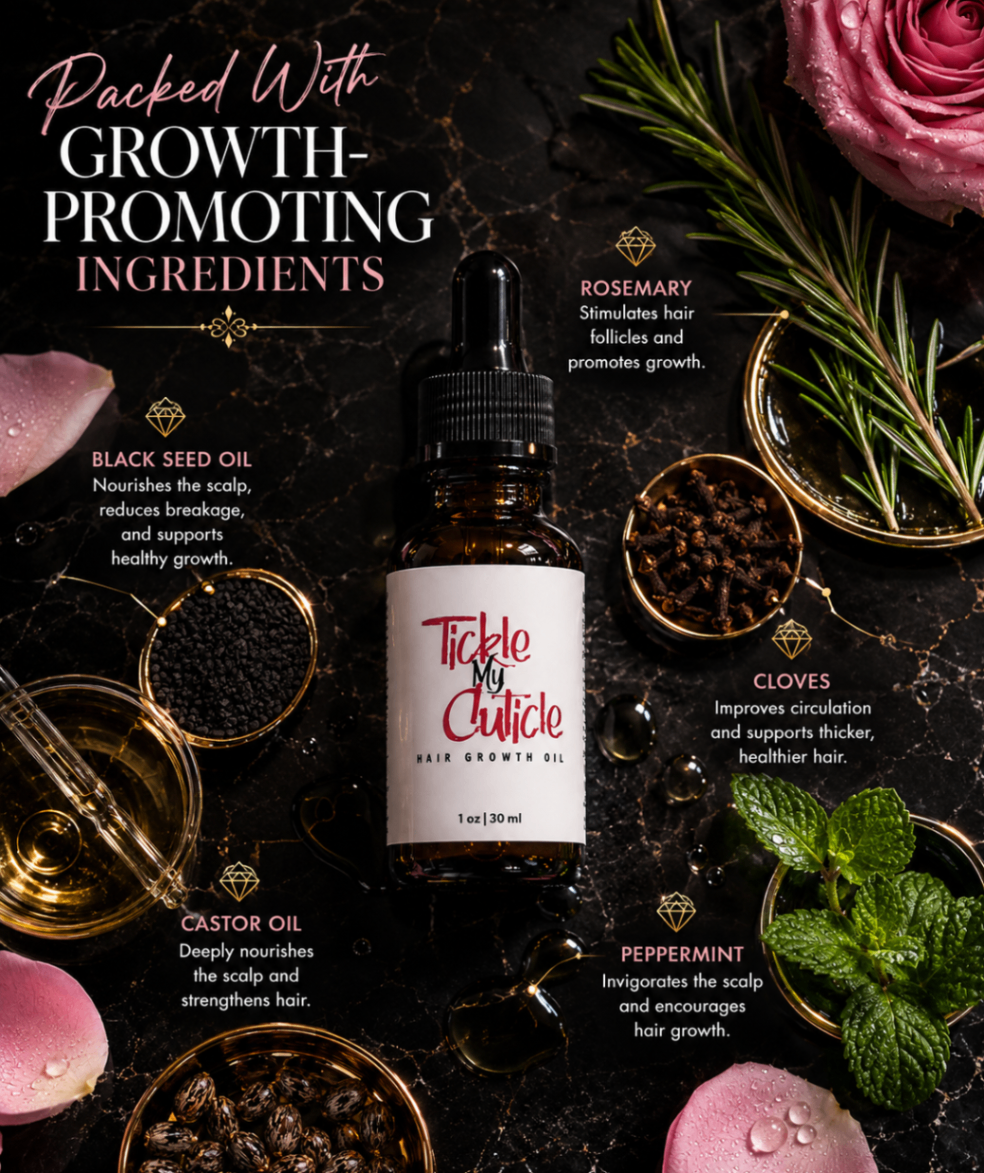 Tickle My Cuticle flat lay with rosemary, black seed oil, castor oil, peppermint, and clove