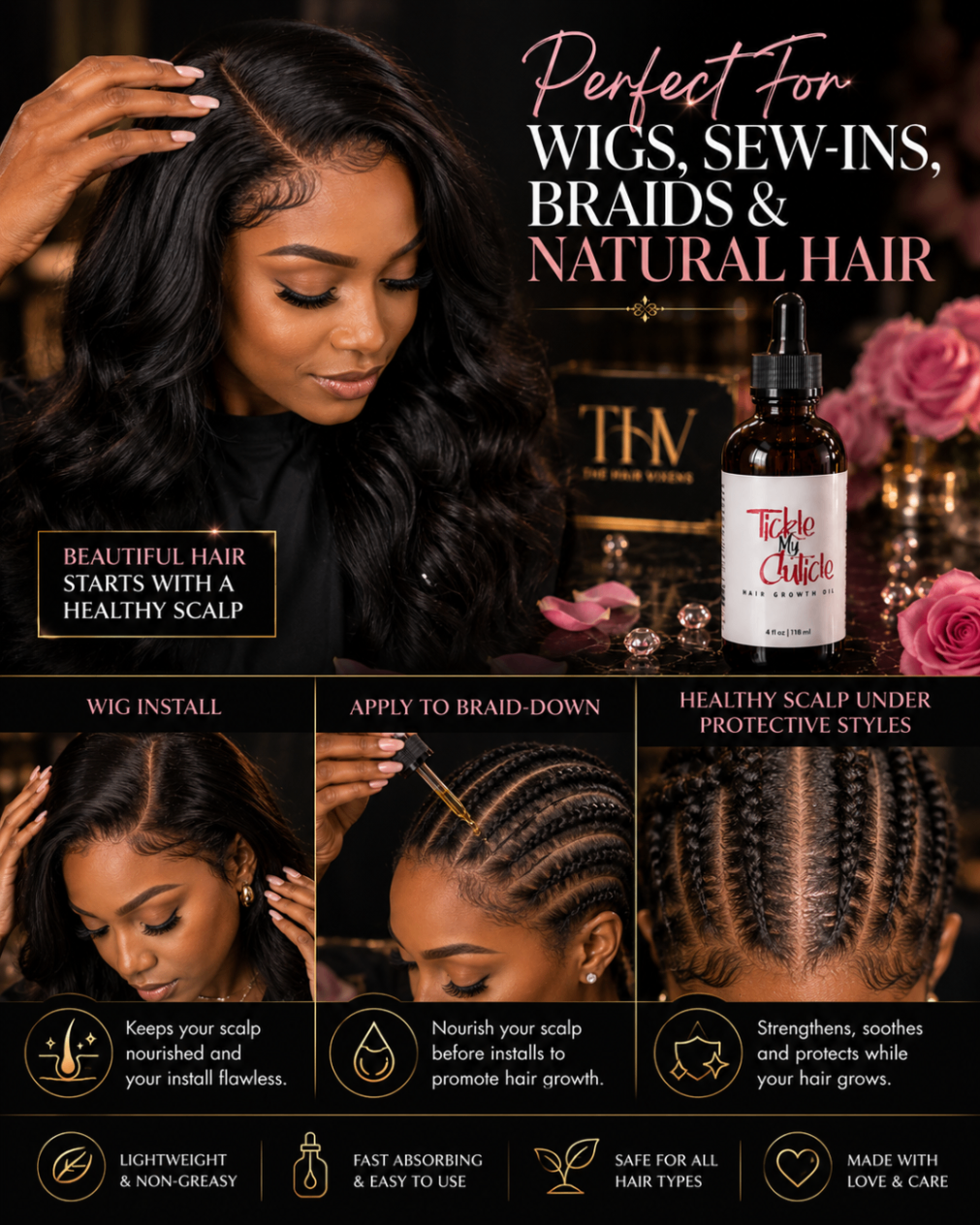 Black woman with luxury wig install applying oil to braid-down scalp